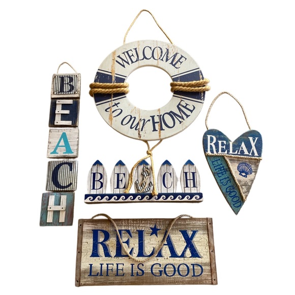 SET OF 5 - BEACH LIFE DECOR (Distressed Wood, Metal and Rope) - Picture 1 of 9